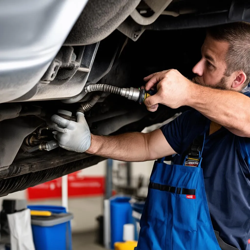 Mechanic replacing O2 sensor